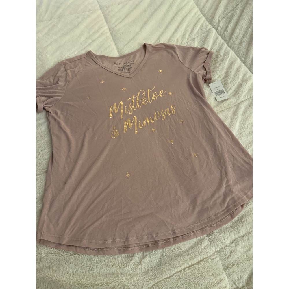 Fifth Sun Mistletoe & Mimosas Graphic Tee Mauve Pink Gold Foil V-Neck Large NWT